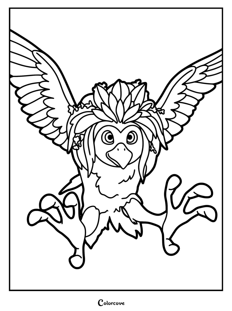 Detailed coloring page of Ivy from Swapped showing her leafy crown, spread wings, and large talons in mid-flight line art.