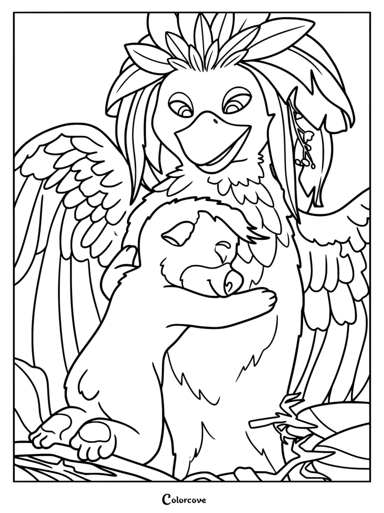 A detailed Swapped movie coloring page featuring Ollie hugging Ivy, showcasing her leafy crown and wings against a forest backdrop.