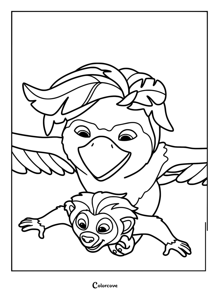 A detailed line art coloring page of Ivy with her leafy crown flying through the air while carrying a smiling Ollie.