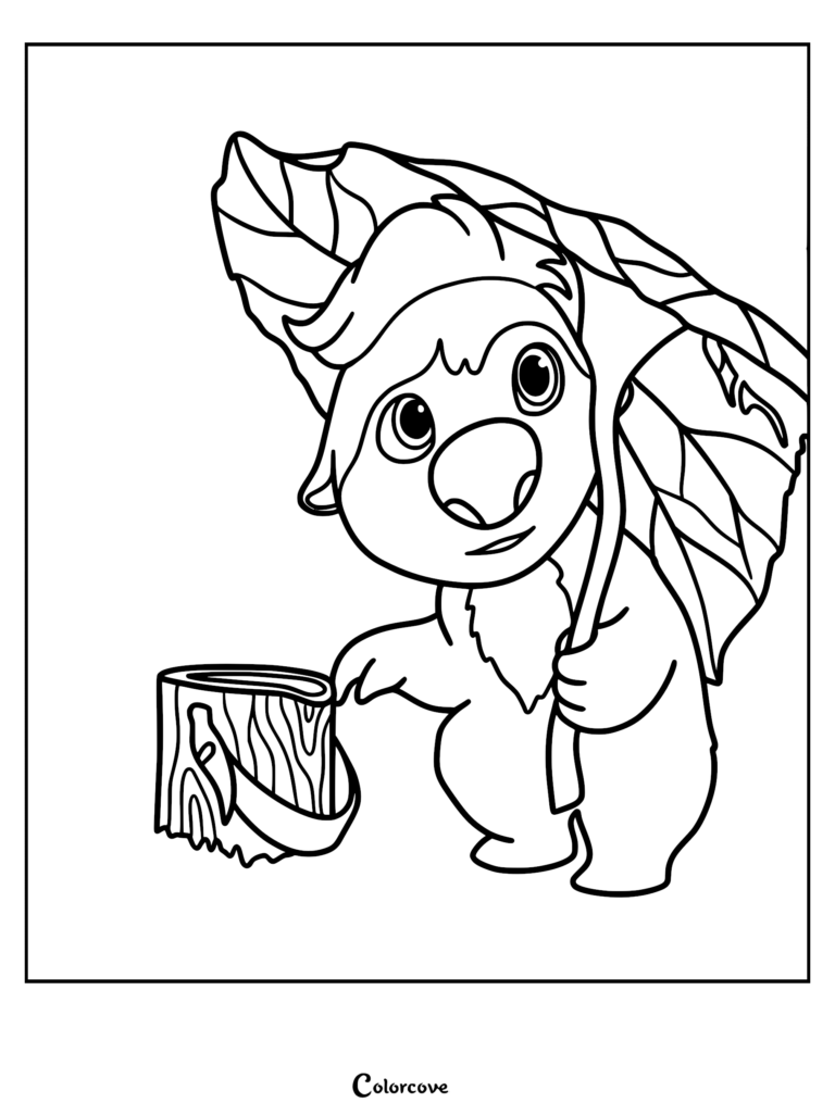 A detailed coloring page featuring Ollie standing under a large veined leaf umbrella and holding a textured wooden bucket.