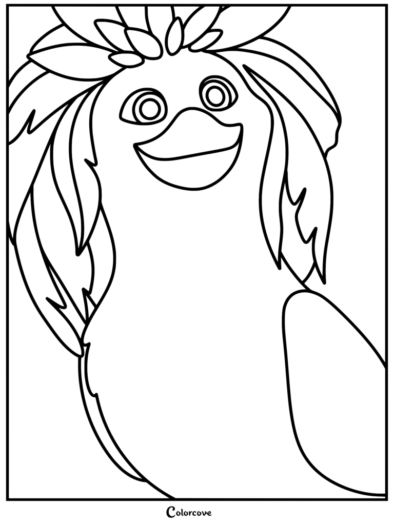 A detailed line art coloring page of Ivy from the movie Swapped, featuring her signature crown-like cluster of leaves and large smiling beak.