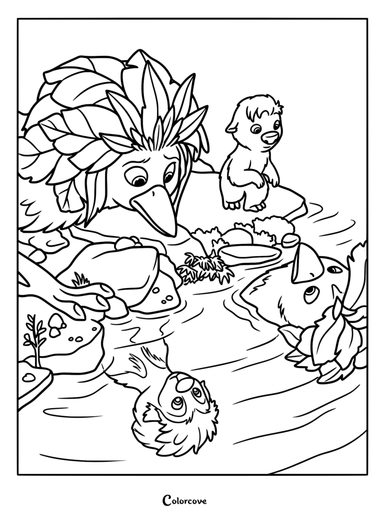 Black and white Swapped movie coloring page featuring Ivy and Ollie looking into a pond; Ivy sees Ollie's reflection in the water while Ollie sees Ivy's leafy bird form mirrored back, showcasing their magical body swap on a rocky riverbank.