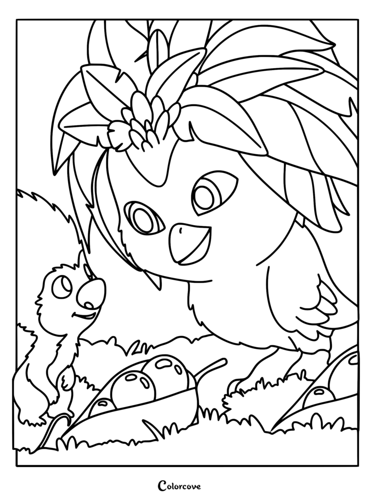 A detailed Swapped movie coloring page featuring Ollie and Ivy. Ollie stands on the left looking up at Ivy, who has a large crown of leaves. They are looking at round Piplets in leaf pods on the grass.