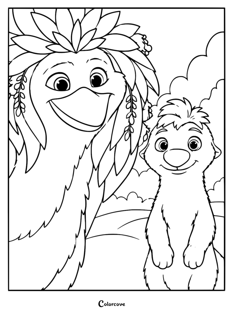 A detailed black and white line art coloring page of Ivy with a prominent crown of leaves and Ollie standing together in a scenic valley with clouds.