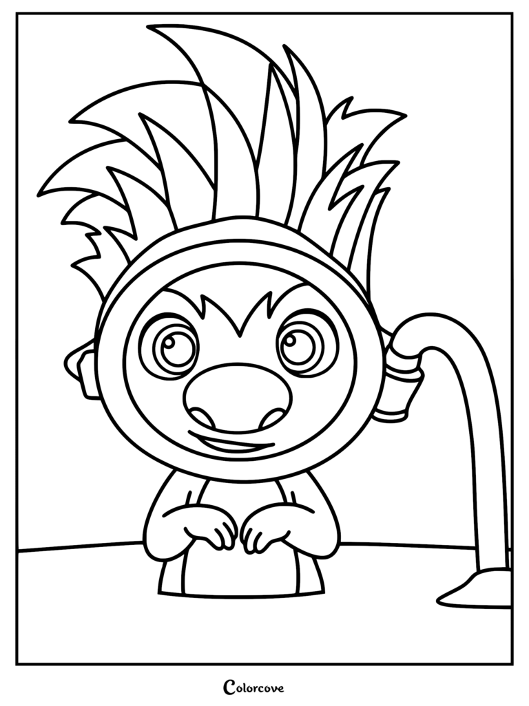 A detailed coloring page of Ollie getting ready to swim underwater.