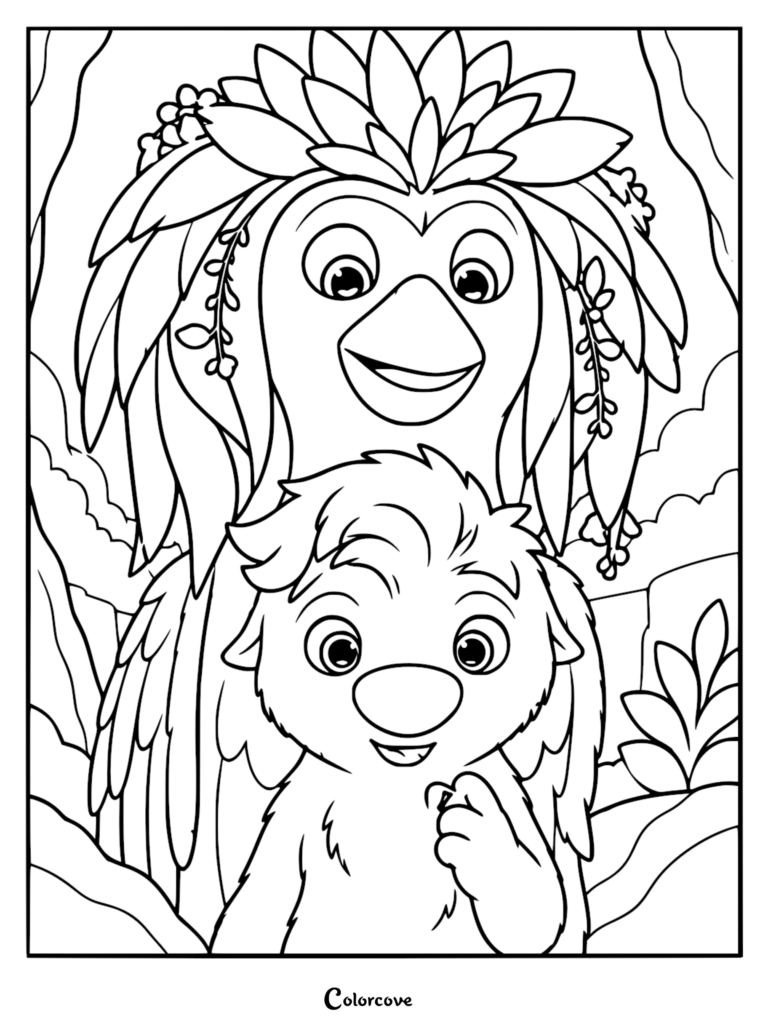 Detailed line art coloring page of Ollie and Ivy from Swapped. Ollie features a fuzzy tuft of hair and a wide nose, while Ivy displays a tiered crown of pointed leaves and stylized hanging feathers in a forest valley.