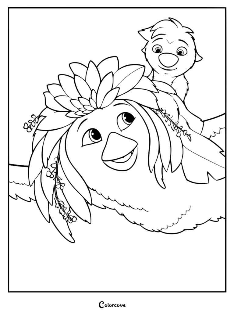 A detailed line art coloring page of Ollie sitting on the back of Ivy as she flies, showcasing Ivy's intricate crown of leaves and delicate vine details.