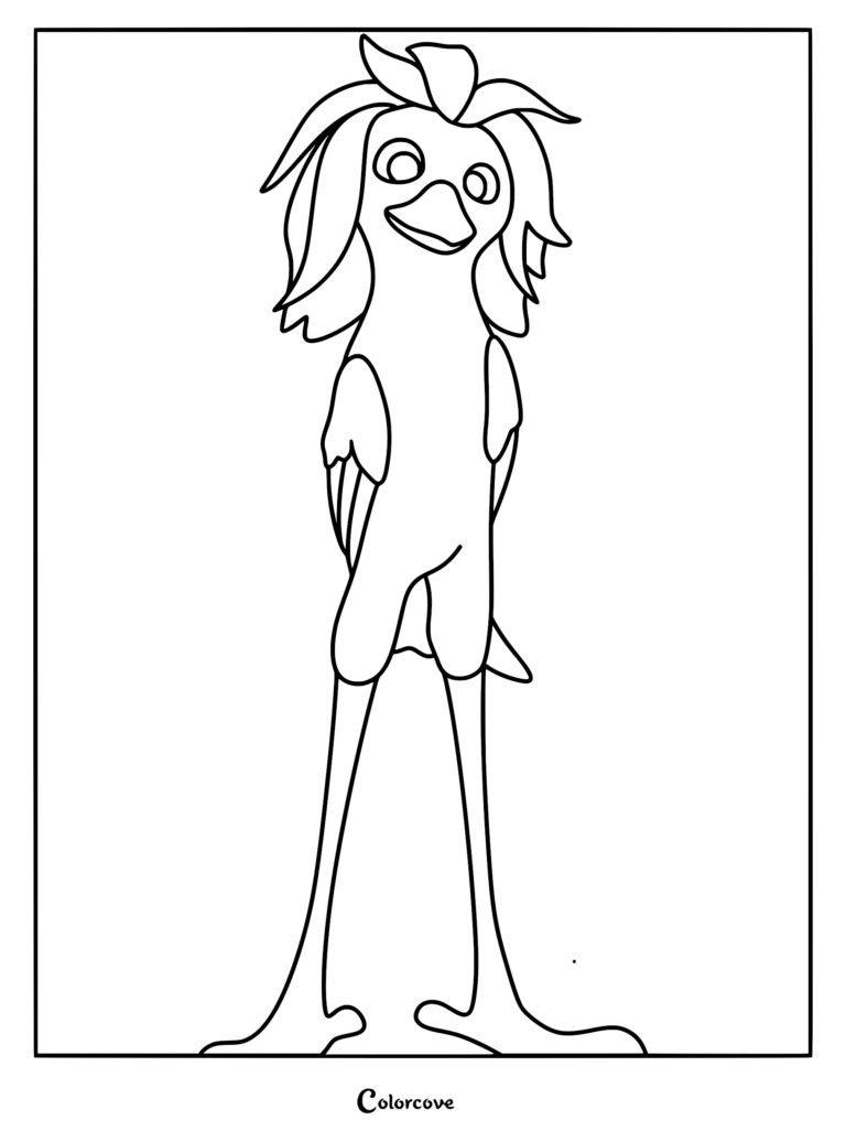 A detailed coloring page of Violet from the movie Swapped, showcasing her long legs, large expressive eyes, and leafy crown plumage in clean line art.