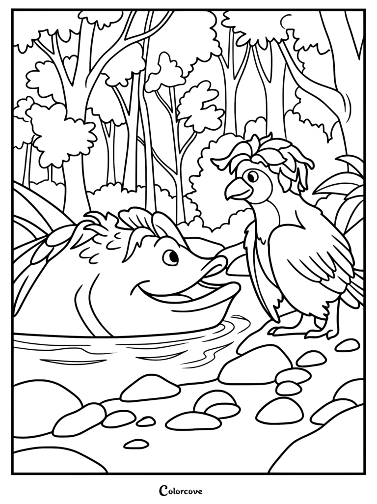 A detailed Swapped movie coloring page showing Boogle as a large fish in a forest river looking at Ivy standing on the rocky bank.