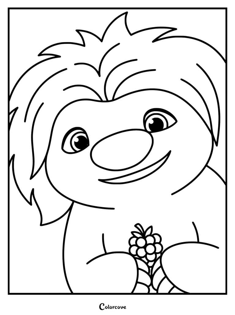 A detailed coloring page of Ollie from Swapped holding a small cluster of berries with a cheerful expression and messy hair.