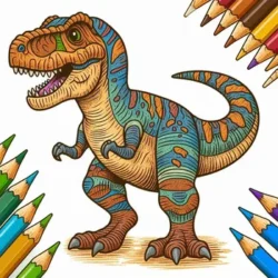 Colorful dinosaur coloring page with vibrant pencils surrounding a detailed T-Rex illustration for kids.