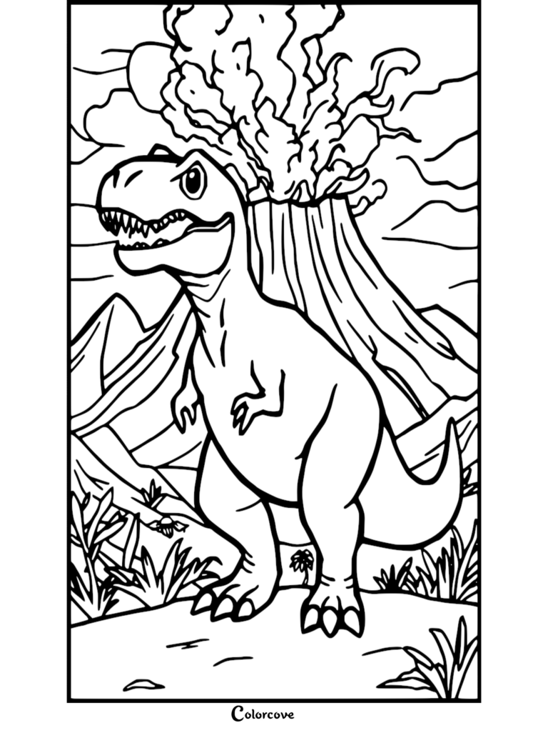 Awesome T-rex standing in front of an erupting volcano with tropical foliage in this printable coloring page