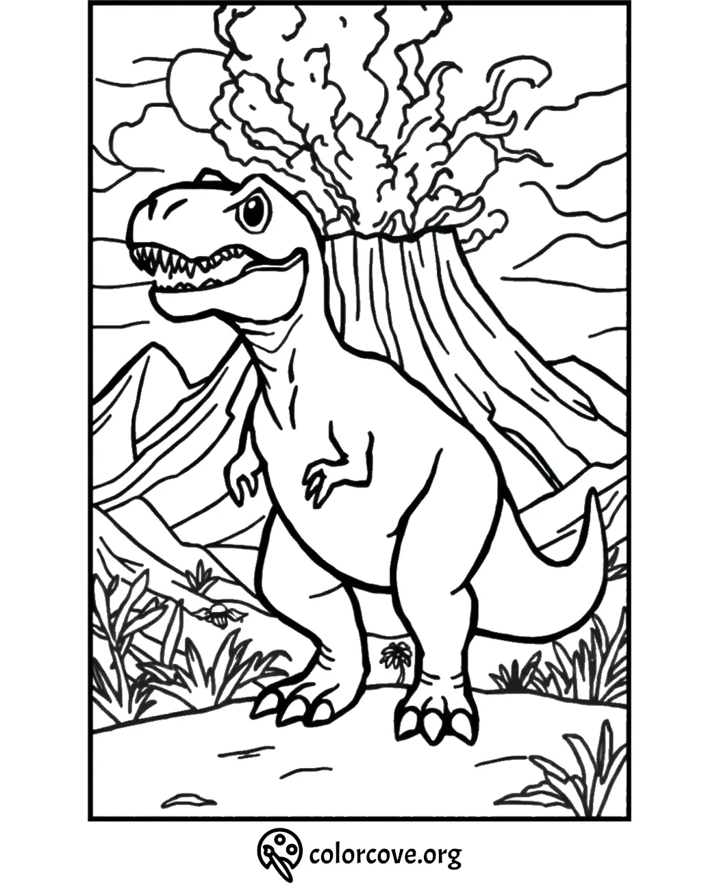 Coloring page of a dinosaur with an erupting volcano in the background. Perfect for children's creativity.