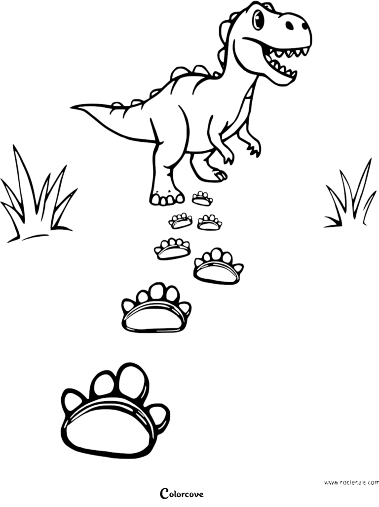 A friendly T-Rex walking through grass leaving a trail of large dinosaur footprints in this printable coloring page.