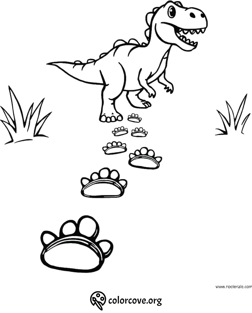 Dinosaur coloring page with footprints, grass, and a smiling T-Rex. Perfect for kids' creative activities.