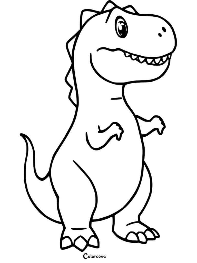 A friendly T-Rex with a wide smile and large, expressive eyes in a simple black and white coloring page style.