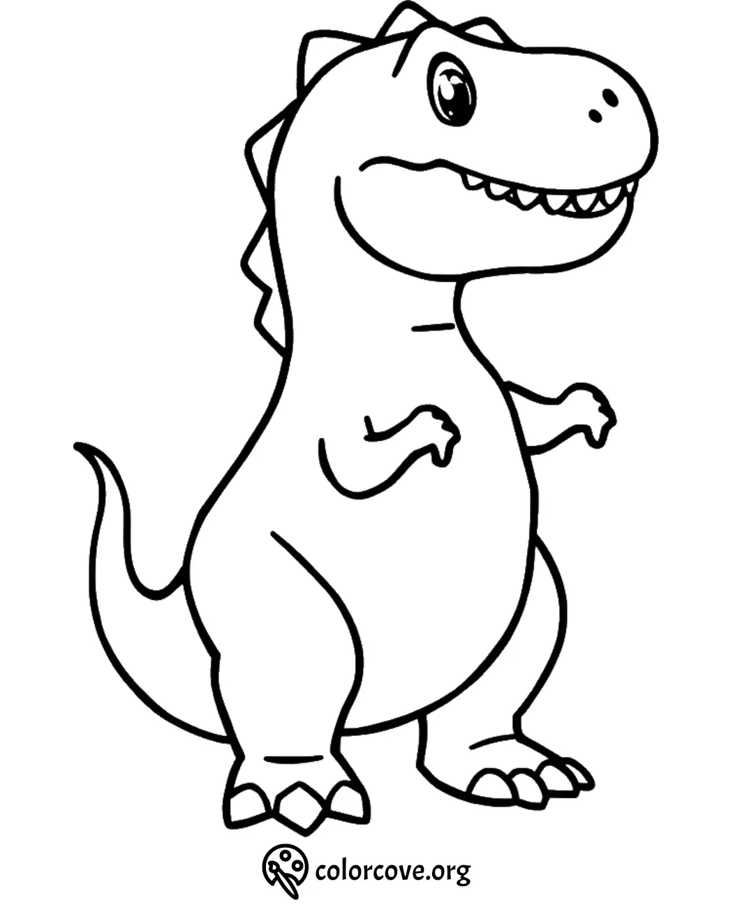 Cute dinosaur coloring page for kids featuring a happy T-rex outline ready to color.