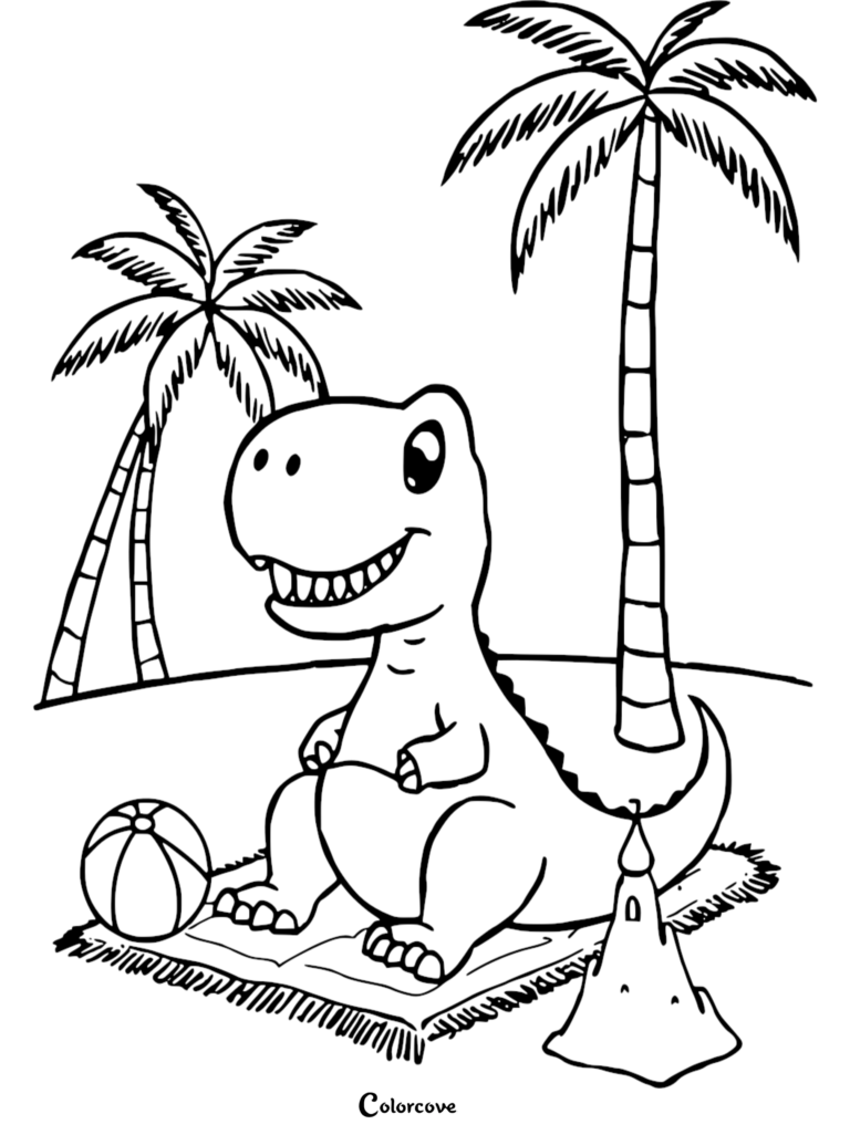 A friendly T-Rex sitting on a beach towel with a ball and sandcastle coloring page under palm trees.