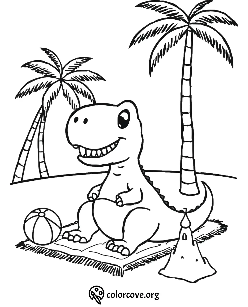 Cute dinosaur coloring page: Dino on beach towel with sandcastle, palm trees, and beach ball. Perfect for kids' creativity.