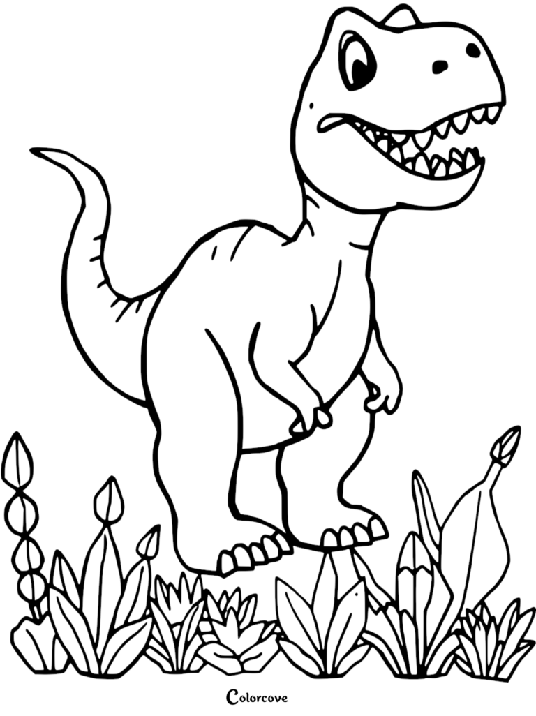 A friendly T-Rex smiling amidst prehistoric plants and tall leafy ferns in this detailed coloring page line art.