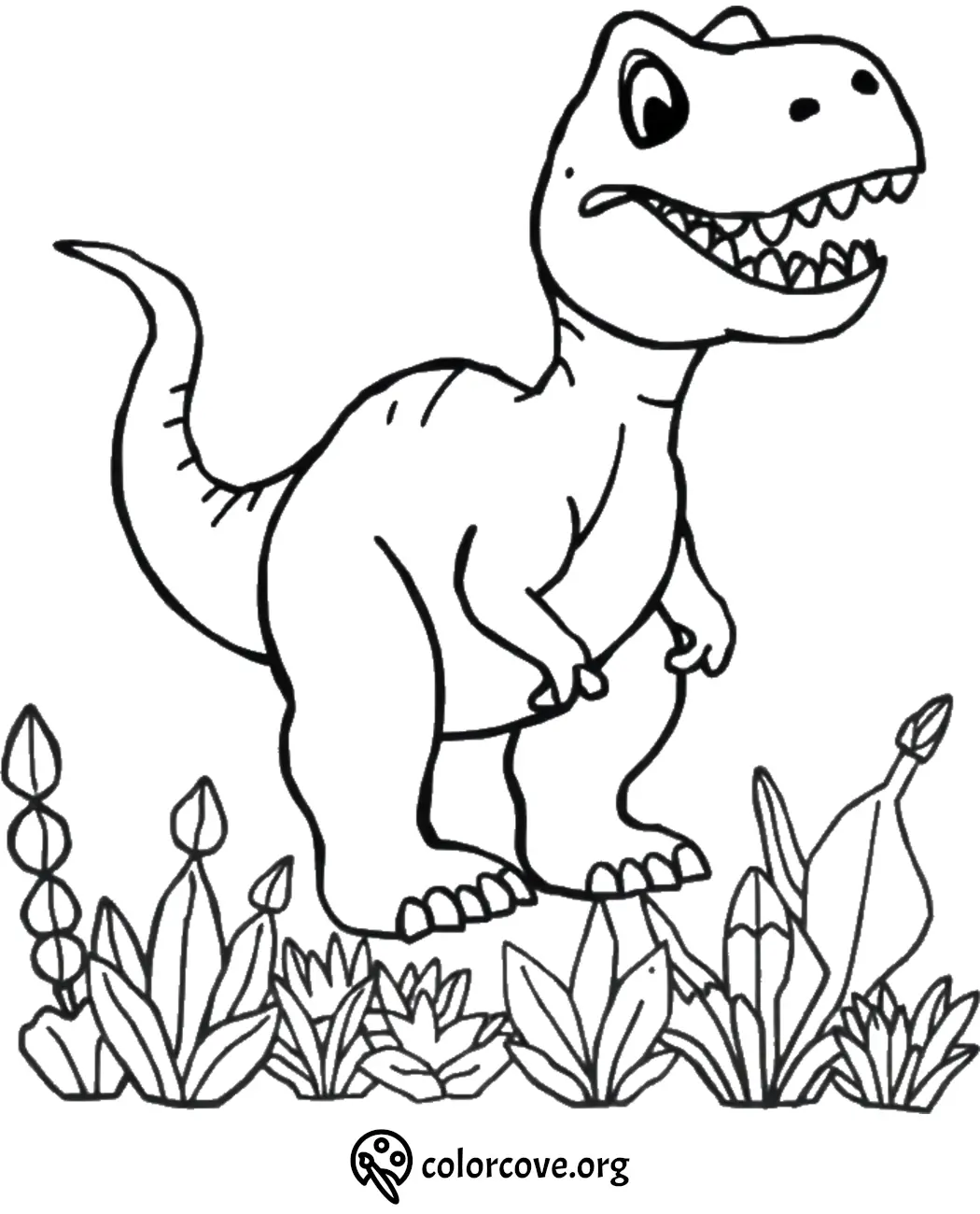 Dinosaur coloring page featuring a happy T-Rex in a prehistoric plant setting, perfect for kids' creative activities.