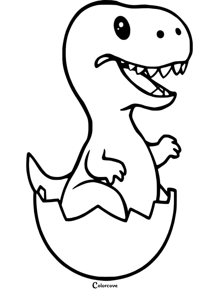 A cute cartoon T-rex hatching from a cracked egg, featuring big expressive eyes and sharp teeth in this printable coloring page.