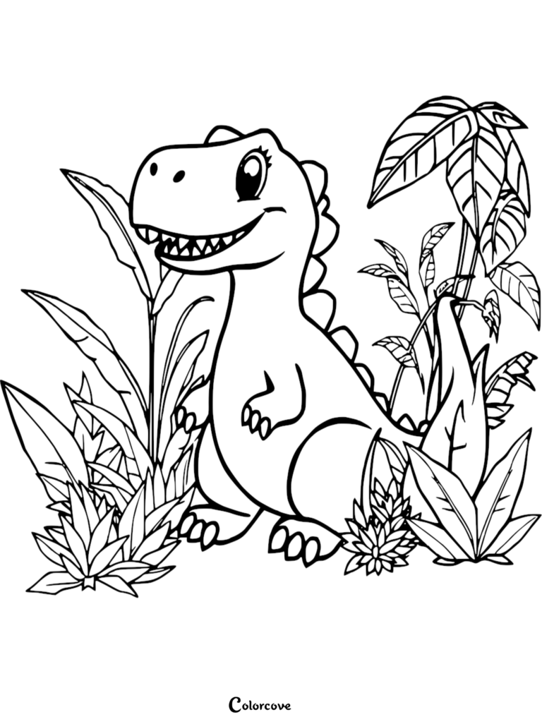 A friendly, smiling baby T-Rex standing among tropical jungle leaves in this cute dinosaur coloring page.