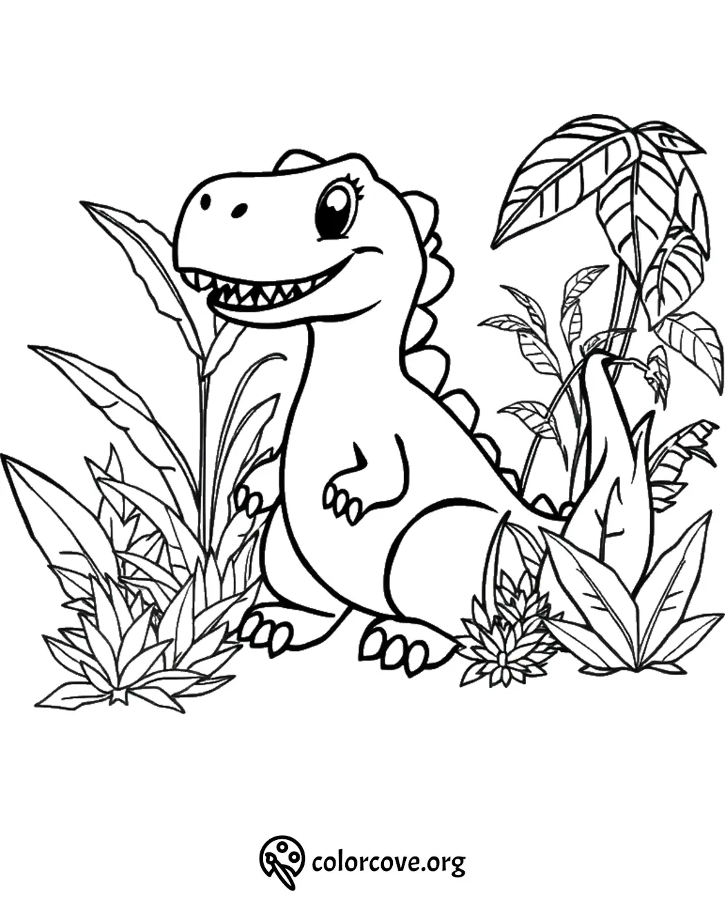 Cute dinosaur coloring page featuring a smiling dinosaur surrounded by jungle plants. Perfect for kids' creativity.