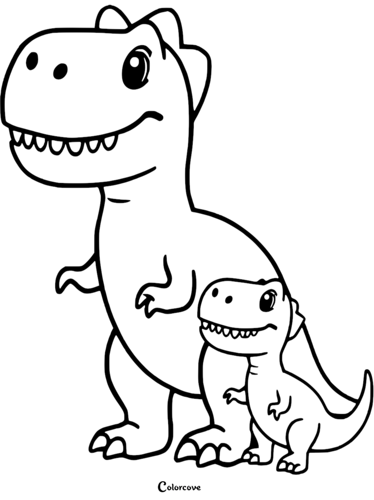 A friendly large T-rex standing next to a small baby T-rex in this printable cute dinosaur coloring page for kids.