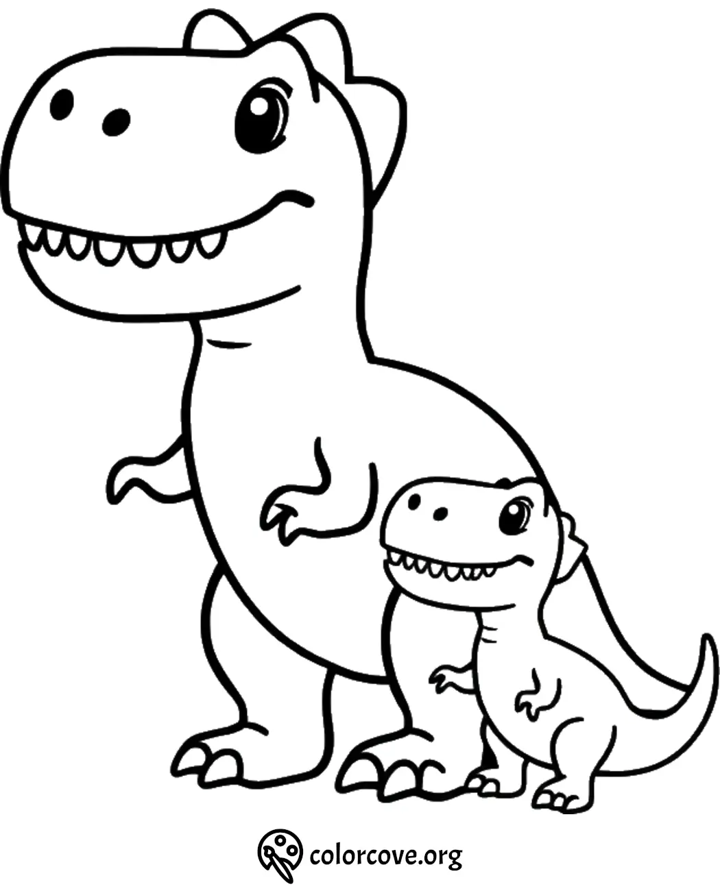 Cute dinosaur coloring page featuring parent T-Rex with baby T-Rex, perfect for kids' creative activities.