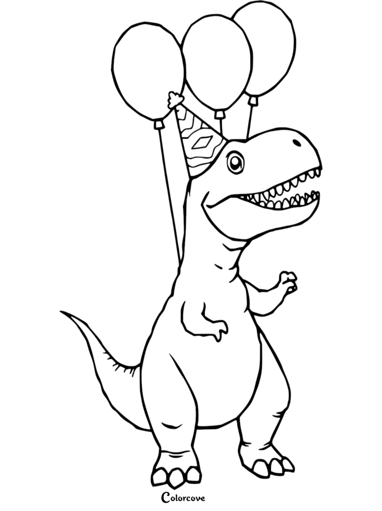 An awesome T-rex wearing a patterned party hat with three balloons floating behind it, black and white line art coloring page.