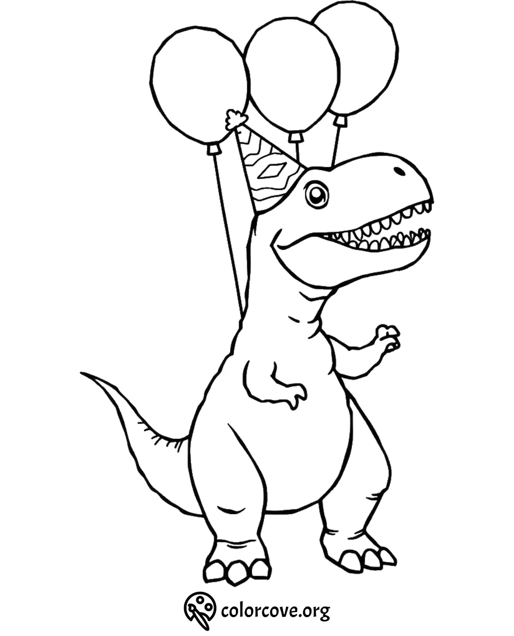 Dinosaur wearing party hat with balloons, printable coloring page for kids.