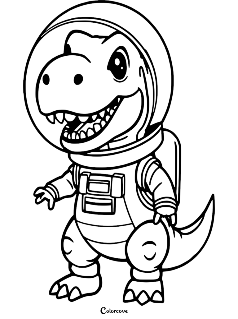 A cute cartoon T-Rex wearing a space suit with a clear bubble helmet, featured in this printable coloring page.