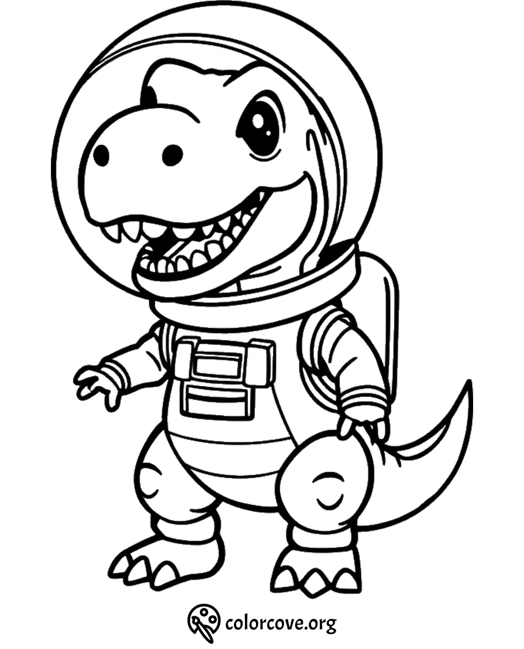 Cartoon dinosaur astronaut in spacesuit coloring page for kids.