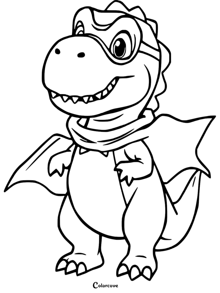 An awesome T-Rex coloring page wearing a superhero mask and a flowing cape, standing in a confident pose.