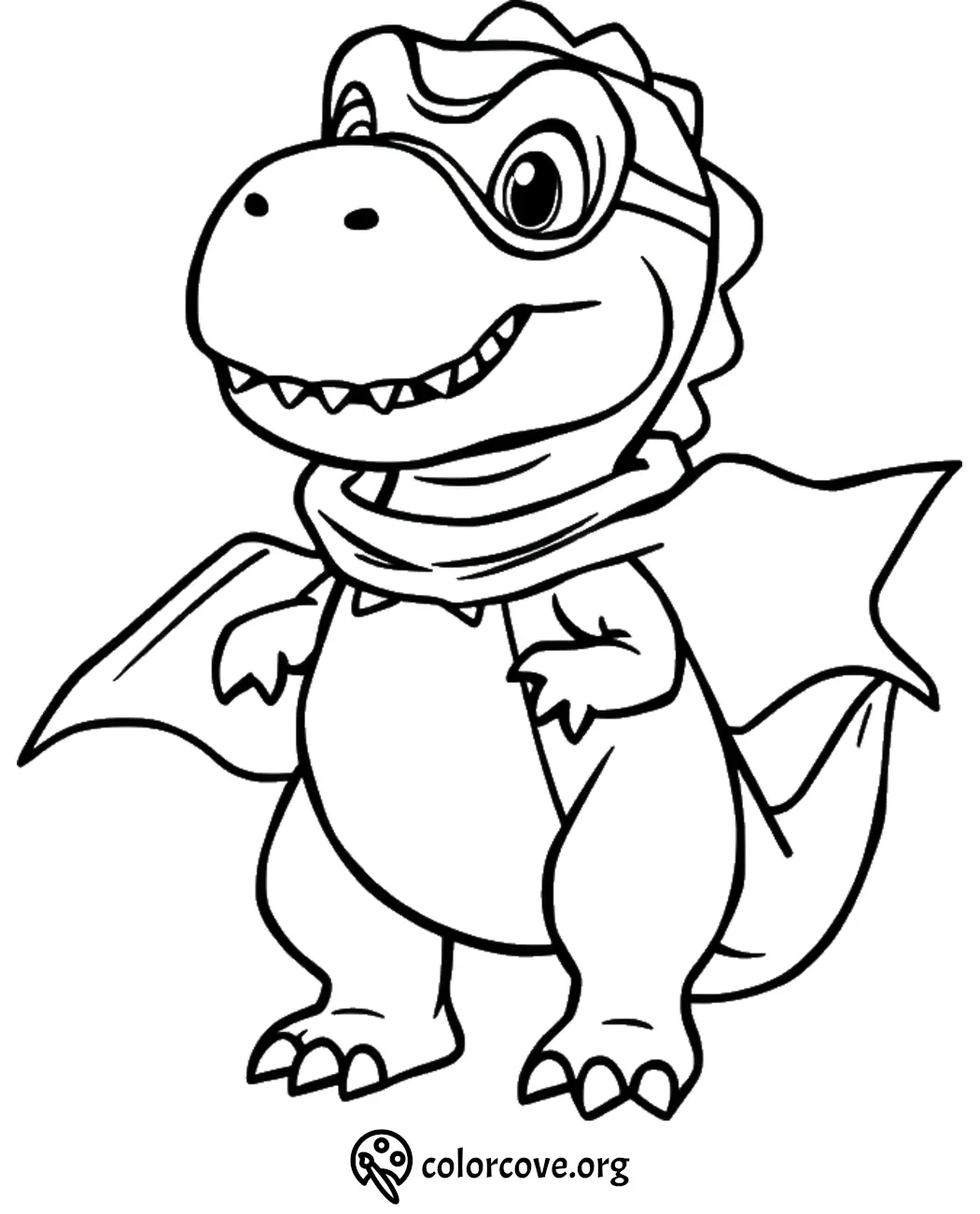 Superhero dinosaur coloring page with a cape and goggles, perfect for kids to unleash creativity and have fun.