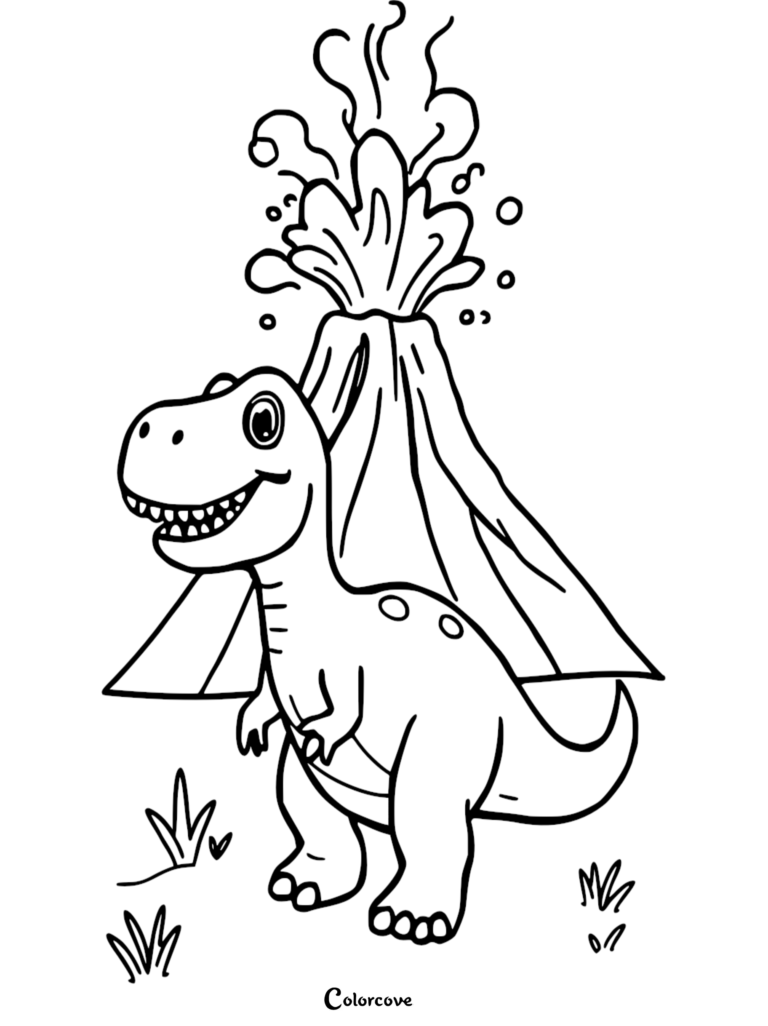 A friendly T-Rex smiling in front of an erupting volcano on this printable coloring page.
