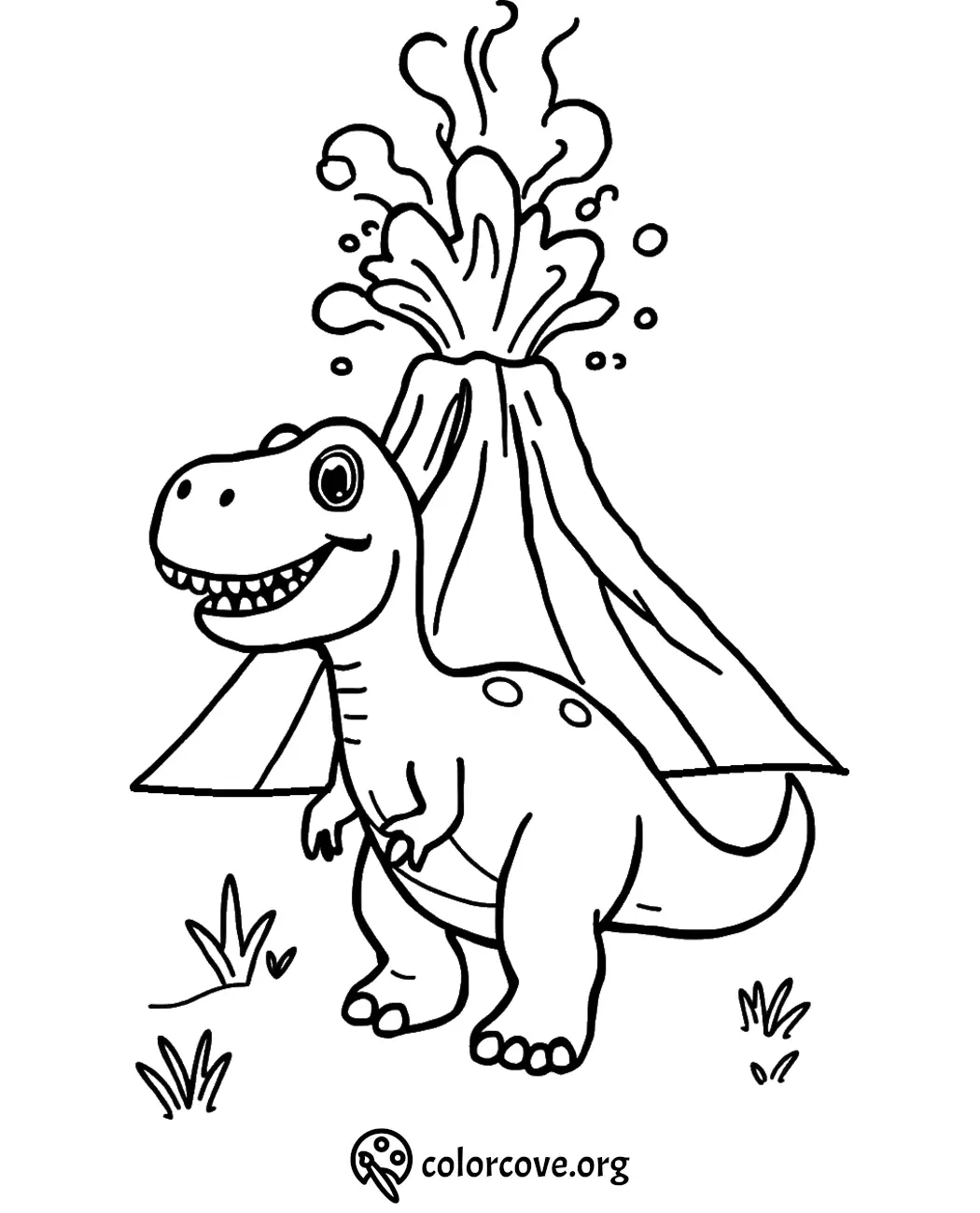 Cute dinosaur with volcano coloring page for kids. Fun educational activity. Printable illustration from ColorCove.org.