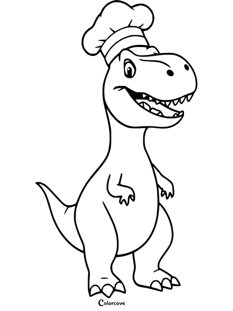 A friendly T-Rex wearing a tall chef hat, rendered as a bold black and white line art coloring page.