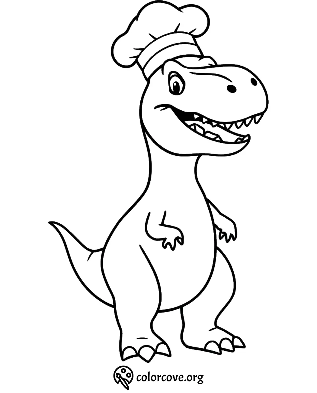 Cute dinosaur chef coloring page with a T-Rex wearing a chef's hat, perfect for kids' activities.