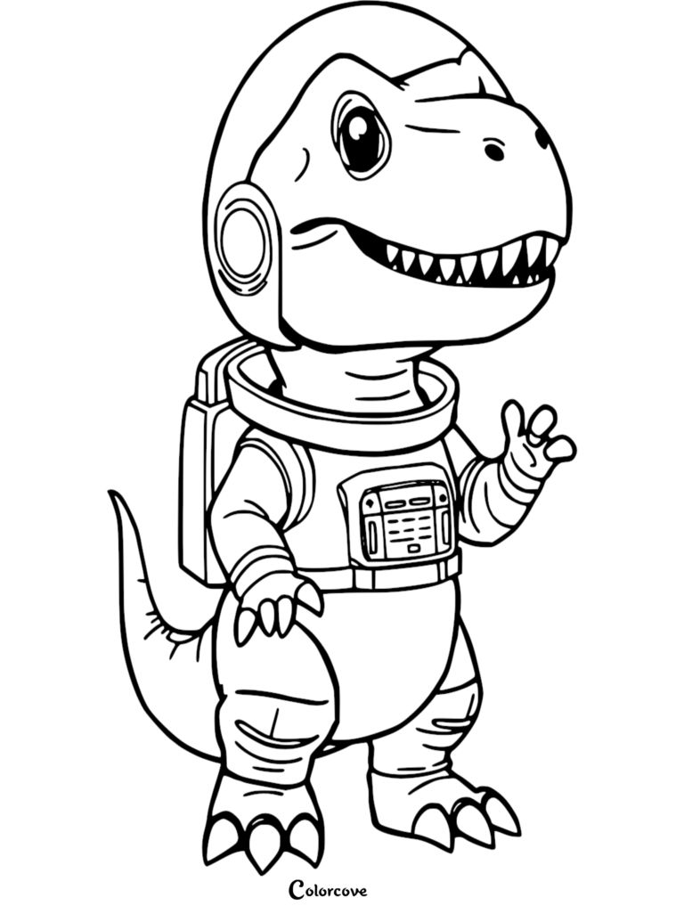 A cute T-rex dinosaur wearing a detailed astronaut space suit and helmet in this printable coloring page illustration.