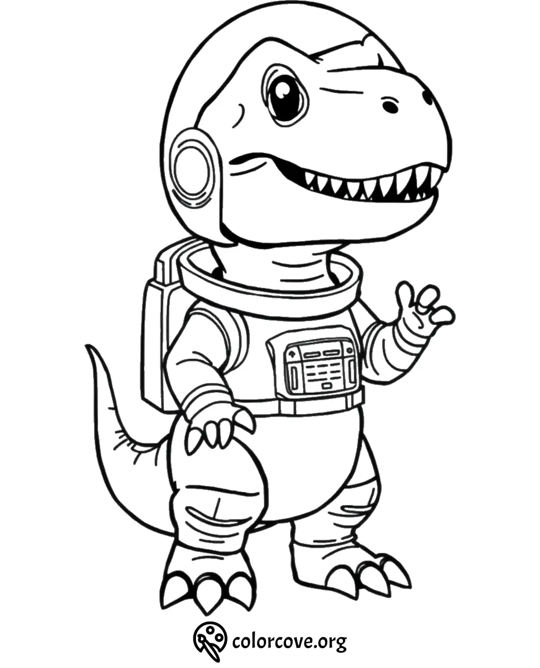 Coloring page of a cute dinosaur astronaut in a space suit, ready for adventure from colorcove.org.