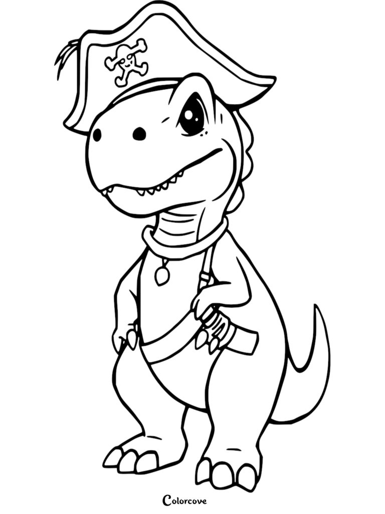 A cute T-rex wearing a pirate hat with a skull and crossbones emblem and a sword sash in this printable coloring page.