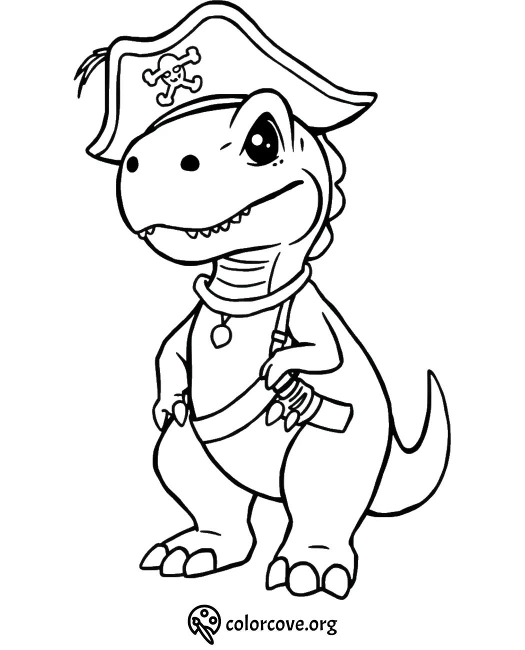 Pirate dinosaur coloring page for kids featuring T-Rex with pirate hat and sword. Fun printable activity.