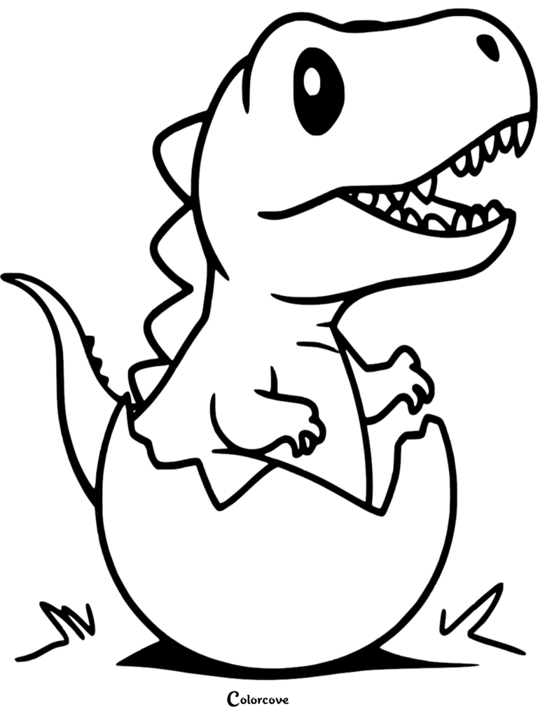A cute cartoon T-Rex hatching from a cracked egg in this simple line art coloring page.