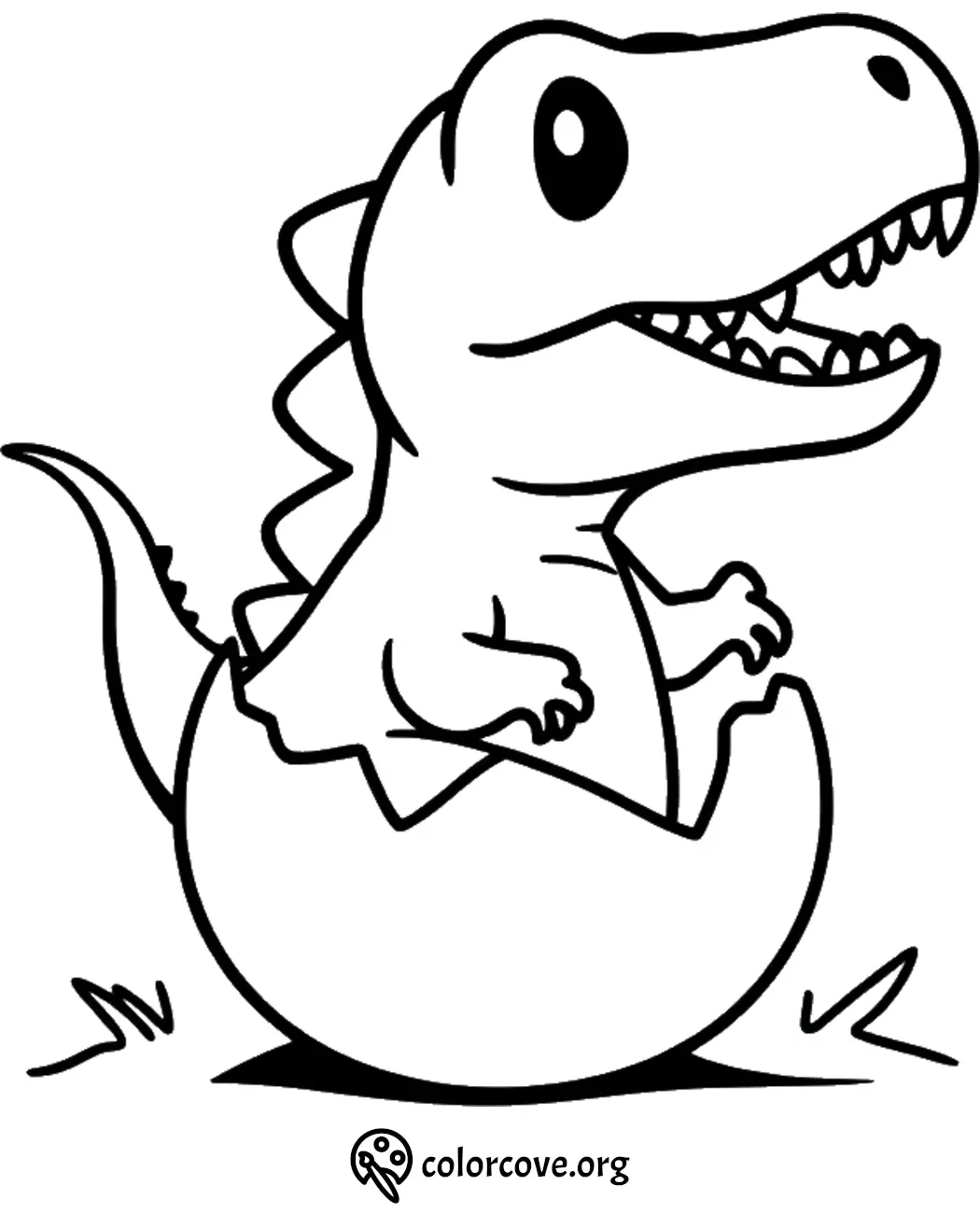 Baby dinosaur hatching from egg coloring page for kids, fun and educational activity illustration.