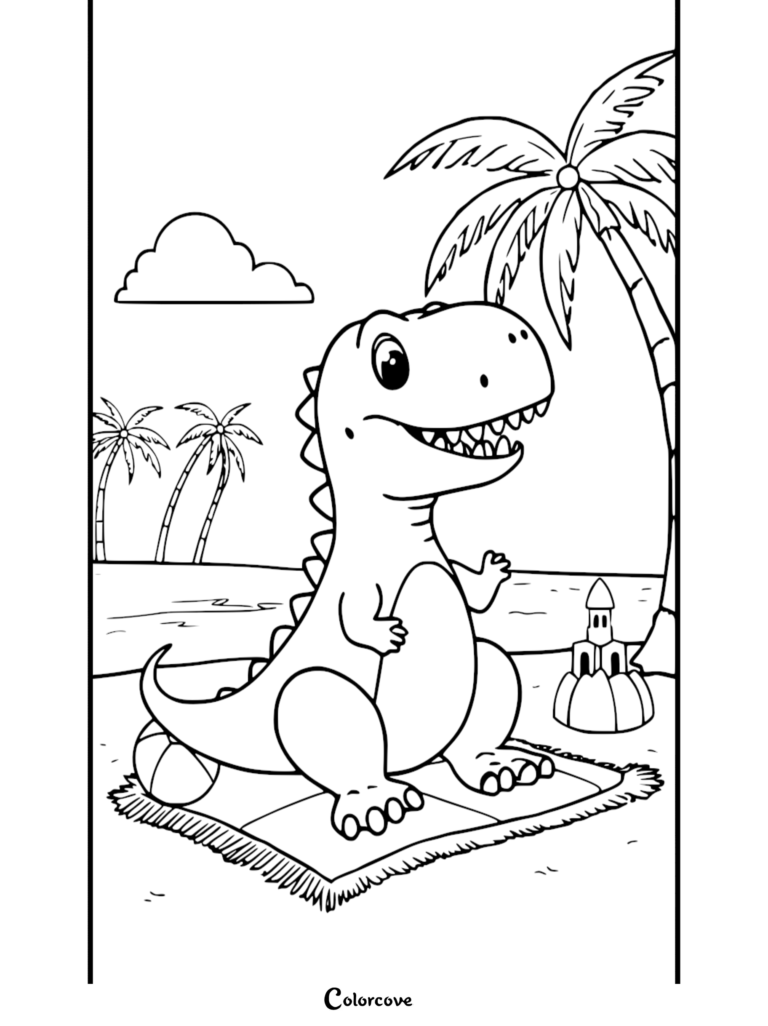 A smiling, friendly cartoon T-rex sitting on a beach towel with a ball and sandcastle in this printable coloring page.