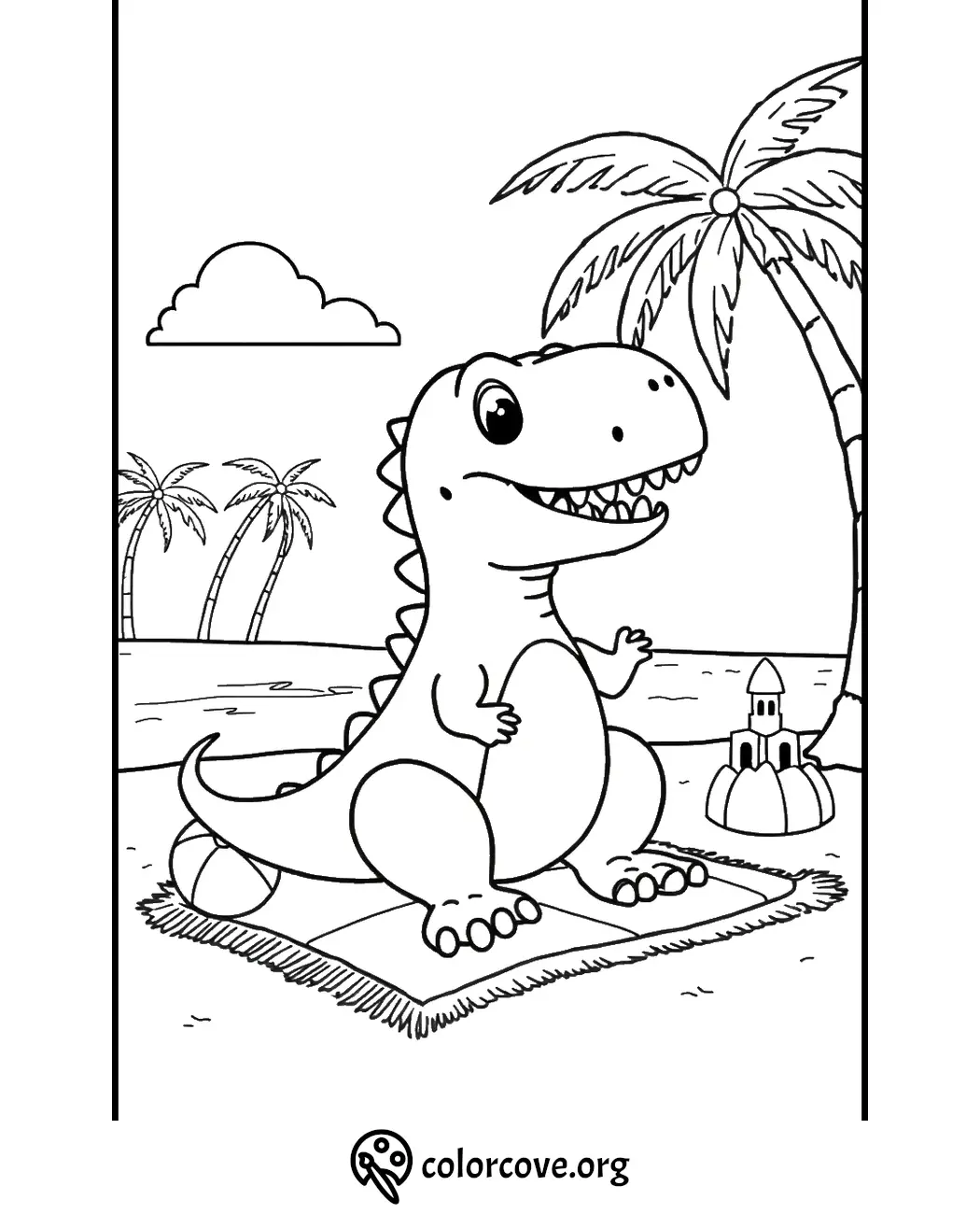 Cute dinosaur coloring page with palm trees and sandcastle by the beach. Perfect for kids' fun and creativity.