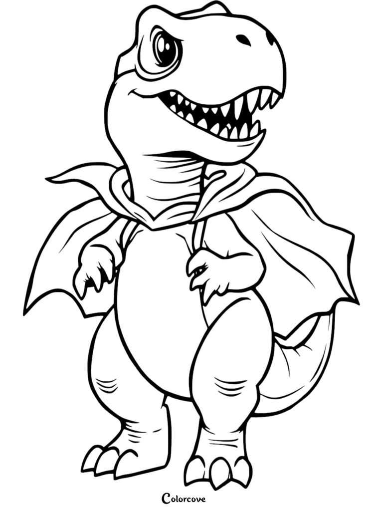 A cute cartoon T-Rex wearing a superhero cape, featured in a clean black and white line art coloring page.