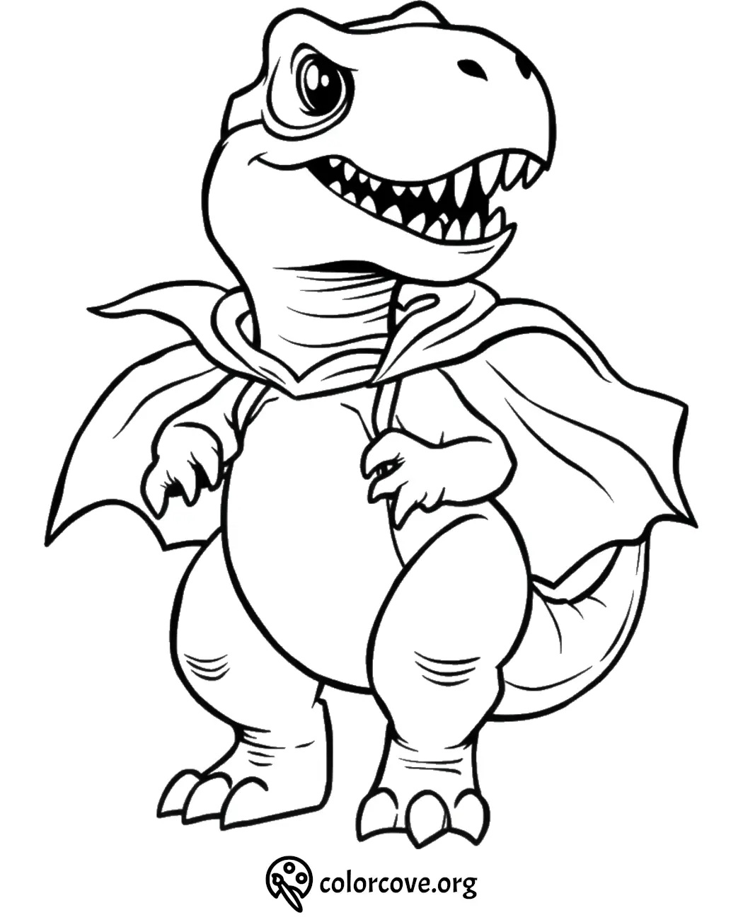 Cute dinosaur in a superhero cape coloring page for kids, ready to print and color.